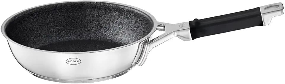 RÖSLE SILENCE PRO Bratpfanne, Pfanne mit kratzfester Premium-Antihaftversiegelung ProResist, Silikongriff, 20 cm, Edelstahl 18/10, induktionsgeeignet, spülmaschinengeeignet, Silberfarben/Schwarz