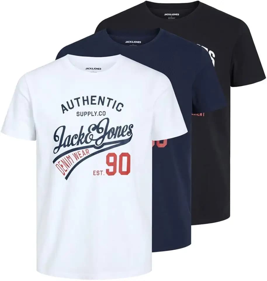 JACK & JONES Herren T-Shirt 3er Pack – Baumwolle, Rundhals, Kurzarm, mit Print – Bequeme Freizeitshirts im modernen Design