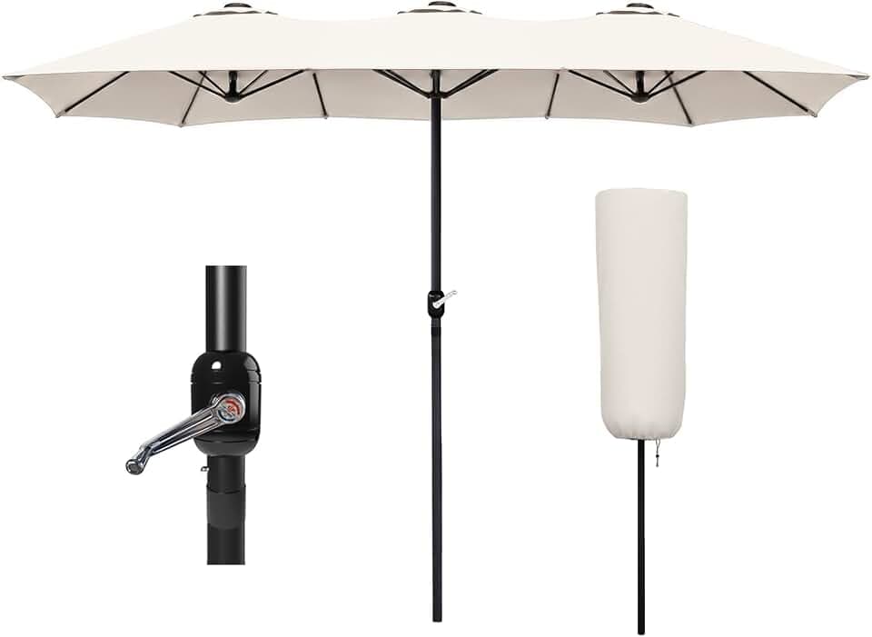 VOUNOT Doppelsonnenschirm mit Handkurbel, Sonnenschirm Marktschirm Gartenschirm Terrassenschirm, Sonnenschutz, 460 x 270 cm, Beige