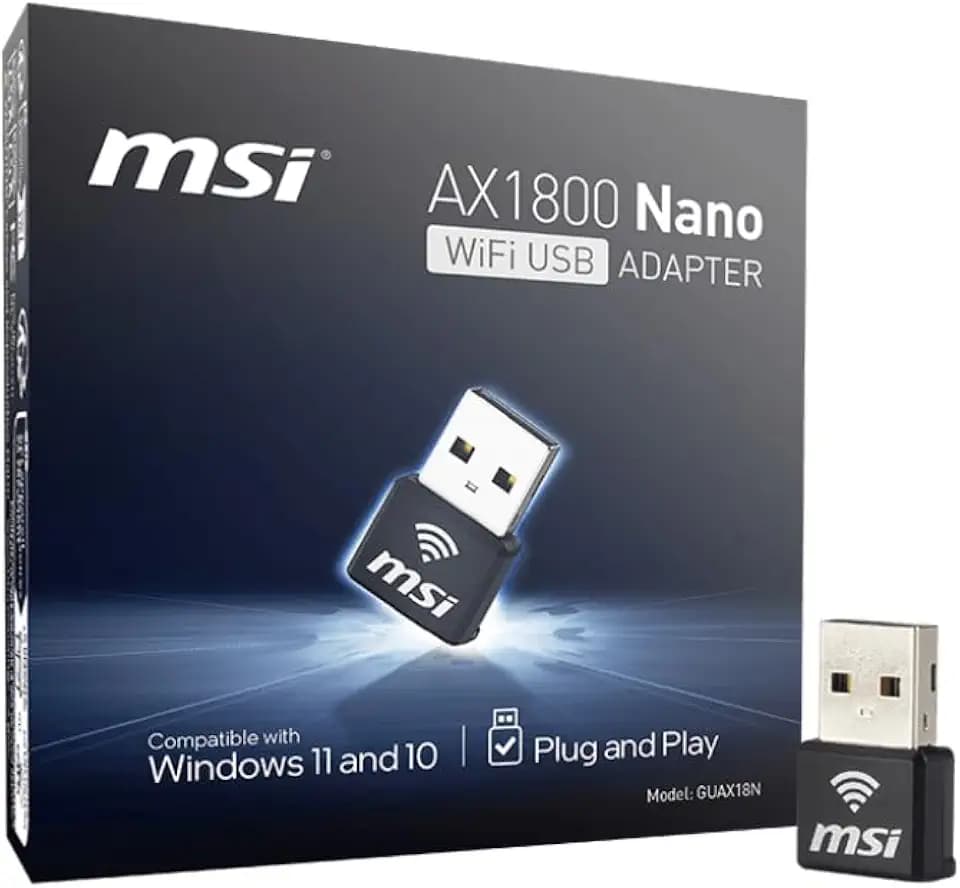 MSI AX1800 Nano WiFi USB Adapter - WiFi 6, up to 1800 Mbps, 2.4G/5G Dual-Band Wireless Network, WPA3 encryption, MU-MIMO, OFDMA, 2X Dual Antennas, Windows 11/10