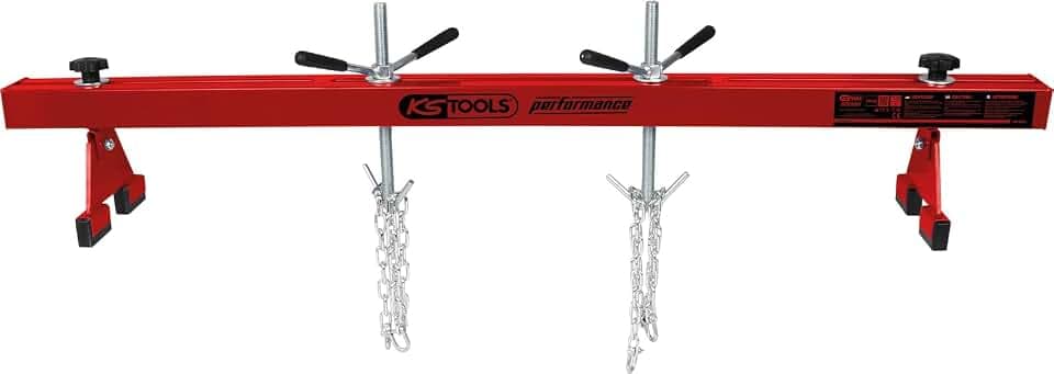 KS Tools 160.0265 Performance Motorbrücke, 500 kg | zur Montage und Demontage von Motor und Getriebe, belastbar bis 500 kg, 360° drehbare Standfüße, mit 2 Ketten - Länge 90 cm