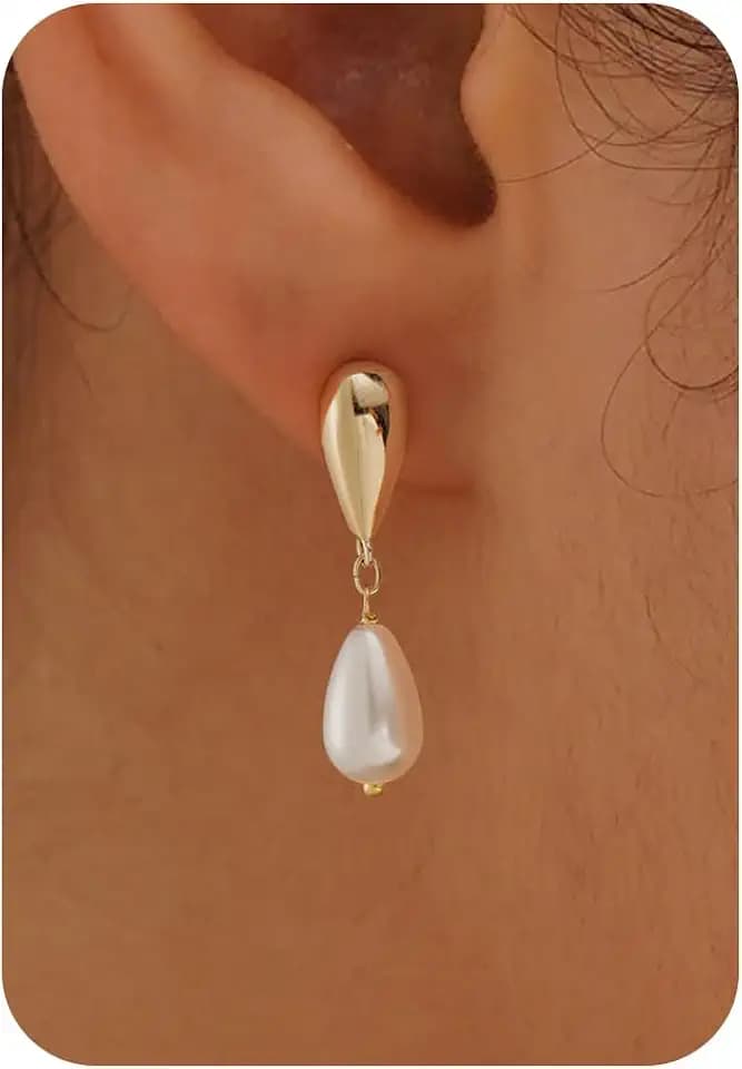 Plenky Pearl Earrings-14K Gold Plated Dainty Pearl Drop Simple Wedding CZ Dangle Dangling Cute Stud Earrings for Brides Earrings for Women Gifts