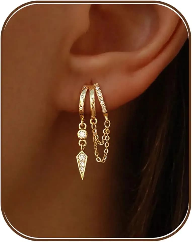 Dangle Earrings for Women,14k Gold Plated Triple Huggie Stud Earrings Cute Statement Chain Earring Dainty Drop Earrings for Women Trendy Gold Plated Jewelry