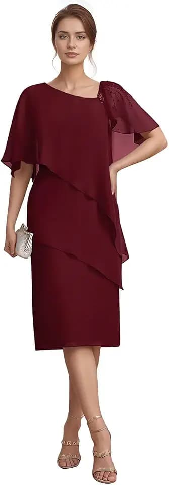 Tiered Chiffon Mother of The Bride Dresses Women's Column Beaded Prom Dress Tea-Length Shawl Wedding Guest Gown