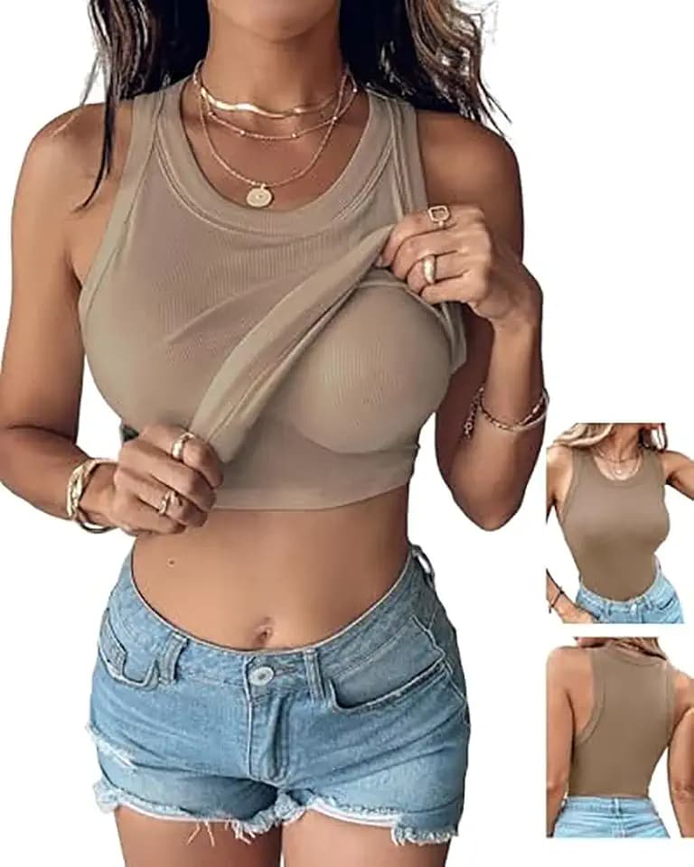 CHICME Women Built-in Bra Tank Tops Sleeveless Racerback Ribbed Fitted Tops