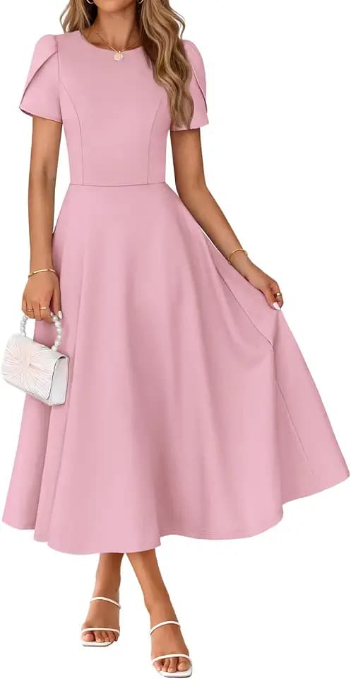 MEROKEETY Women's Short Sleeve Midi Dresses 2026 Formal Wedding Guest Dress