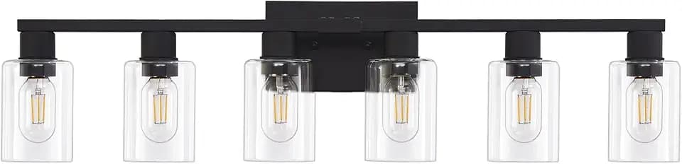 6 Light Bathroom Vanity Light, Matte Black Vanity Light Fixtures, Large Vanity Lights for Bathroom, Farmhouse Light Fixtures with Clear Glass Shade for Bathroom Over Mirror