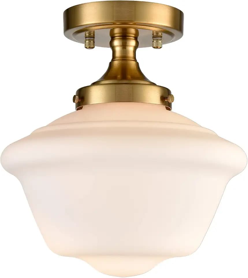 SAMTEEN Gold Semi Flush Mount Ceiling Light Modern Schoolhouse Ceiling Light Fixture Milk White Glass Flush Mount Light for Hallway Bedroom Kitchen Living Room, 10 Inches