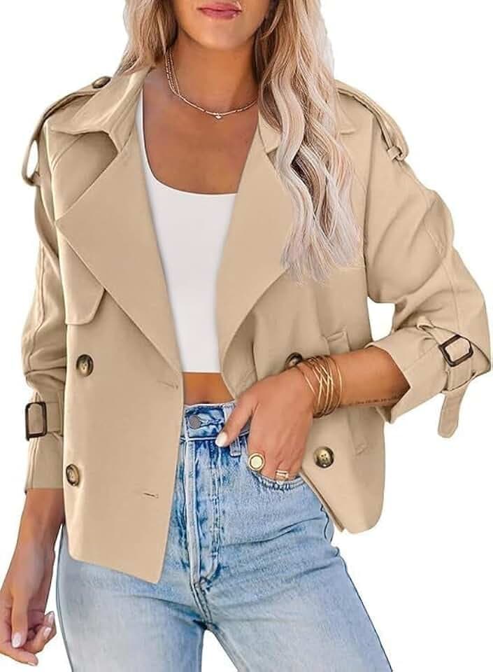 utcoco Women's Cropped Trench Coat Double-Breasted Short Trench Jacket Notch Long Sleeve Fall Outfit