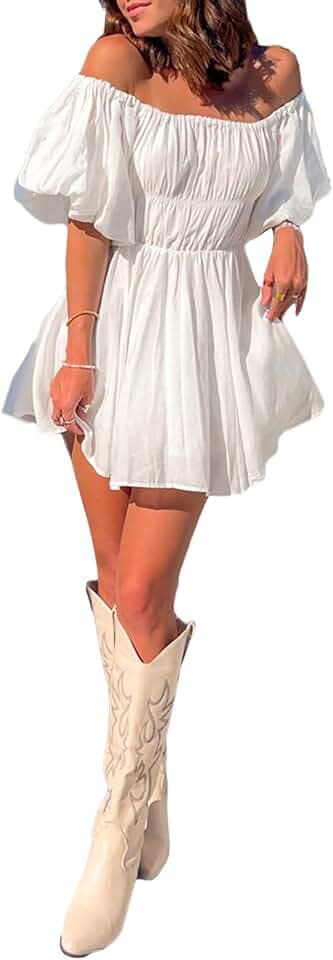 Loalirando Elegantes Tunika-Kleid für Damen, kurze Puffärmel, schulterfrei, einfarbig, quadratischer Ausschnitt, elastische Taille, A-Linie, Minikleid, Streetwear