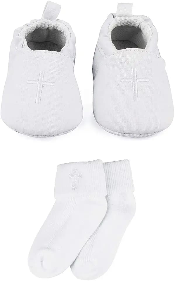 LACOFIA Baby Mädchen Schuhe Weiche Sohle Bowknot rutschfest Weiß Taufe Schuhe mit Bestickten Kreuz Taufe Socken