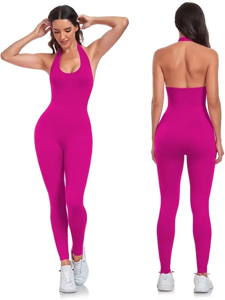 Vertvie Damen Jumpsuit Neckholder Ärmellose Lang Eng Bodysuit Sexy Rückenfrei Scrunch Butt Ganzkörperanzug Romper One Piece Gerippte Playsuit Yoga Workout Sport