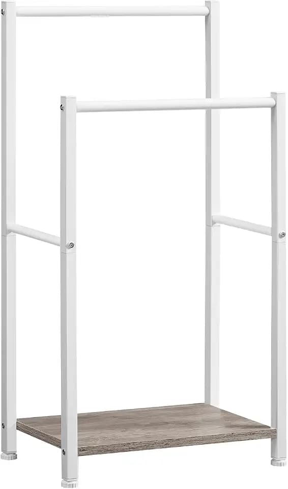 HOOBRO Free Standing Towel Rack for Bathroom, 2 Tier Blanket Rack, 16.5" L x 9.4" W x 31.5" H, Blanket Holder, Drying and Display Rack with Shelf, White and Grey WG02LB01