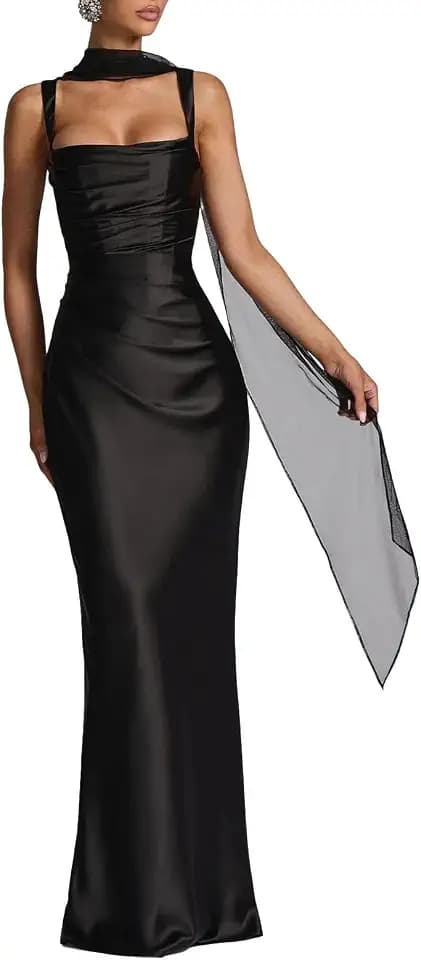 ABYOVRT Women Wedding Guest Dress Satin Corset Top Elegant Maxi Dresses with Sheer Scarf Evening Gown