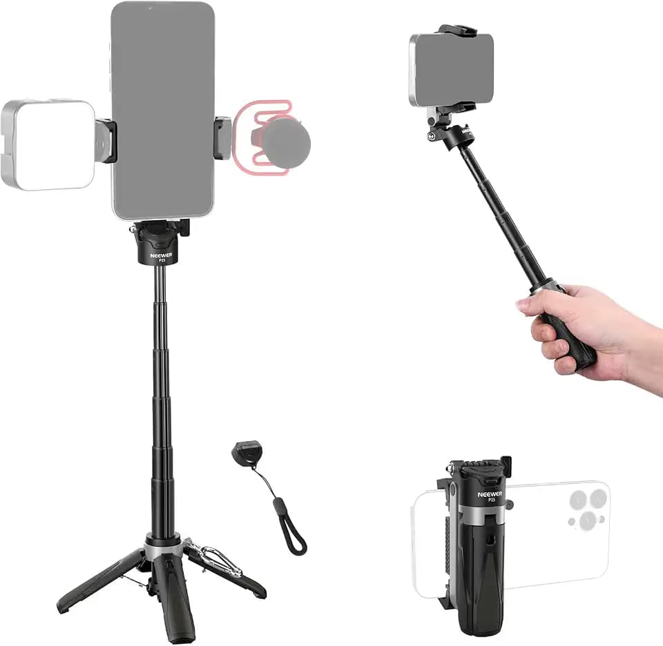 NEEWER Selfie Stick mit abnehmbarem Bluetooth Fernauslöser, leichtes, faltbares Reisestativ für iPhone, 360° Telefonhalterung, Cold Shoe für YouTube/TikTok Vlogs Live Streamin Fotografie Schwarz, P15