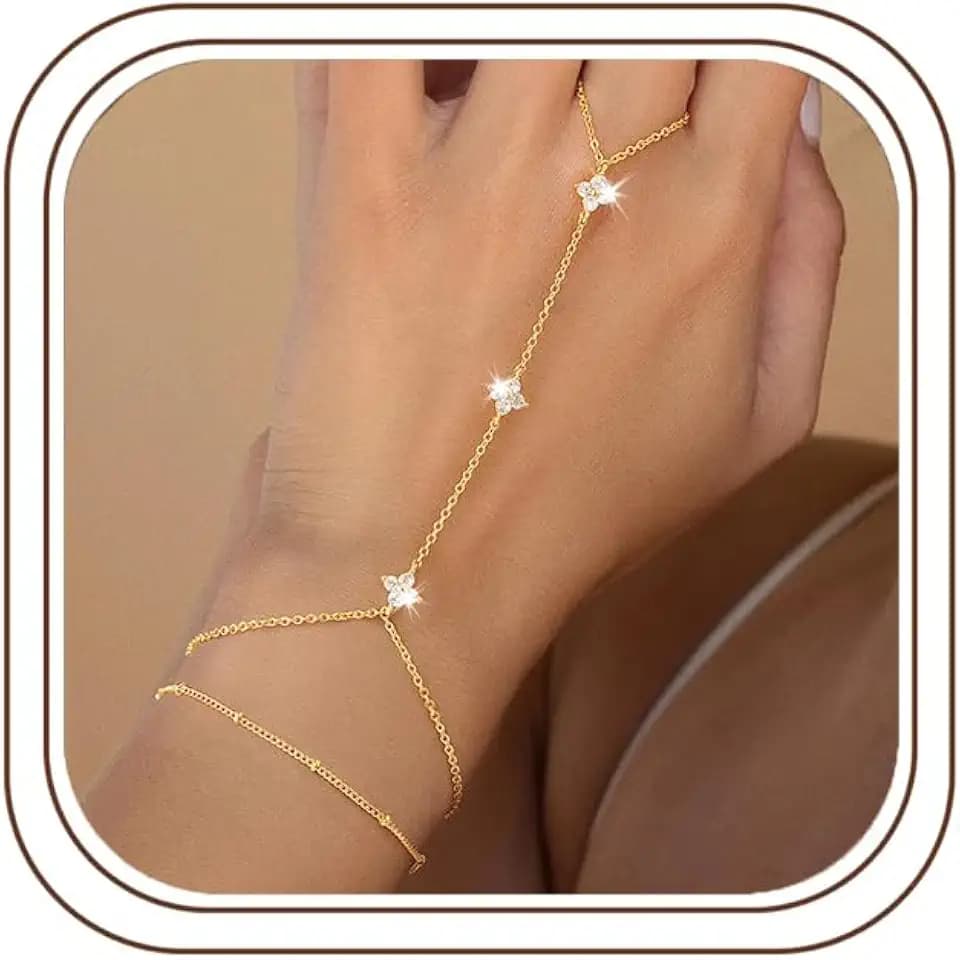 Ursteel 14K Gold Plated Hand Chain for Women, CZ Ring Bracelet Hand Chain