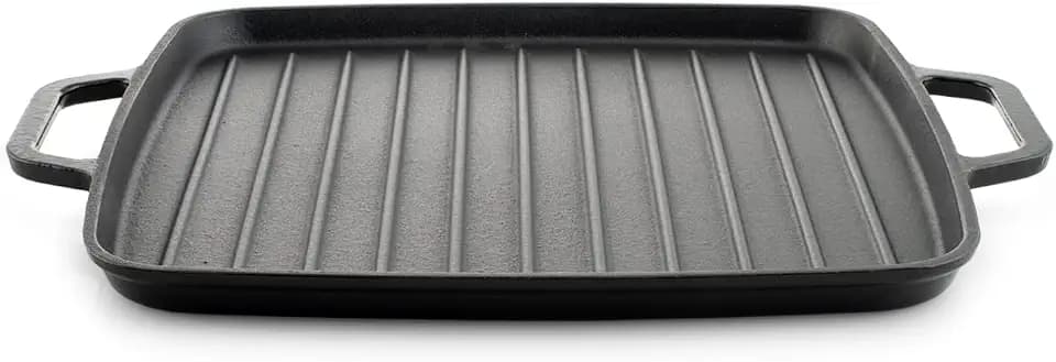H&H Grillpfanne aus emailliertem Gusseisen, quadratisch, 32 cm, mit 2 Griffen – kompatibel mit Induktion und allen Herdarten