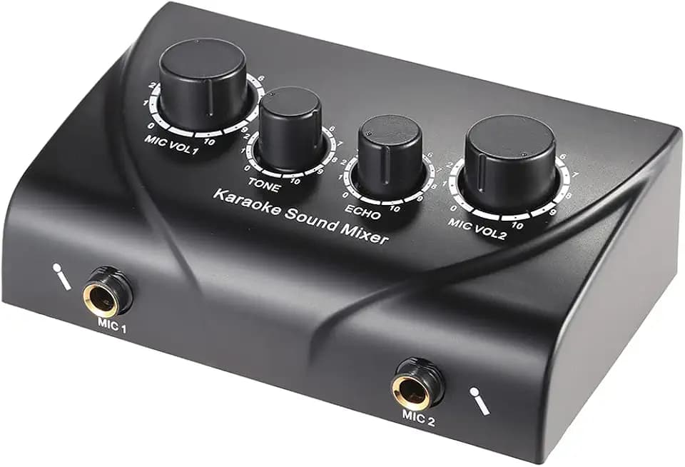 2 Channel Karaoke Audio Mixer with Dual Mic Inputs Echo Control