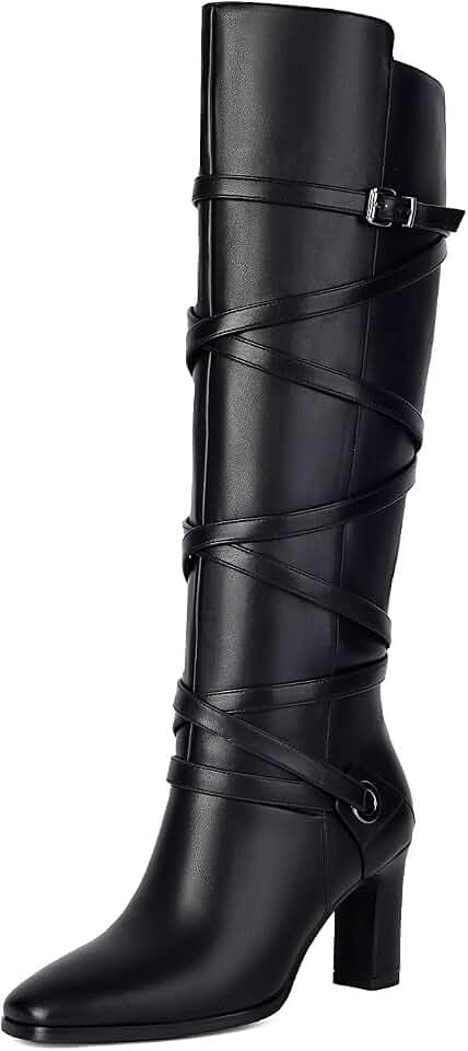 Women's Knee High Boots Wide Calf Boots Pointed Toe Chunky Heeled Boots with Side Zip Leather Wraparound Buckle Fall winter Tall Boots For Women (Black,US 8.5)
