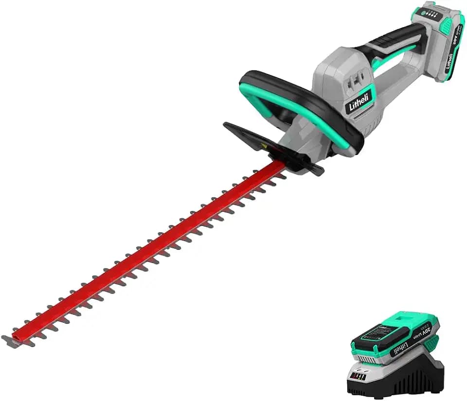 Litheli 20V Cordless Hedge Trimmer, 20-Inch Dual-Action Laser-Cut 65Mn Steel Blade Cuts 5/8'' Thick Branches, 2.0Ah Battery Up to 25 Mins Runtime, Lightweight 4.6 lbs for Garden Shrub Care