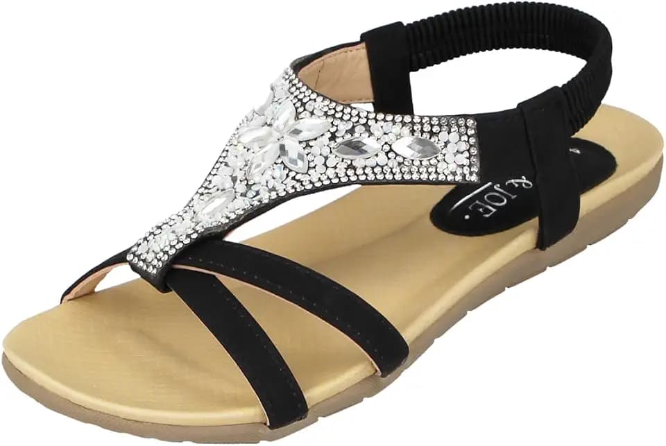 Jo & Joe Damen-Sandalen aus Kunstleder, offener Zehenbereich, T-Riemen, Strasssteine, flach, Gladiator-Sommer-Sandalen, Größe 36-42
