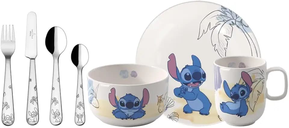 Villeroy & Boch - Disney Stitch Kindergeschirr Set 7tlg., Spülmaschinenfest, Mikrowellensicher, Geschirr und Besteck für Kinder, Premium Porzallan