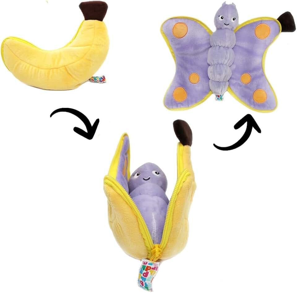 Les Deglingos – FLIPETZ – Kuscheltier Poppet der Schmetterling/Banane – Schmetterling, wendbar – sehr weiches Plüschtier für Babys – Geschenkideen zur Geburt, Gelb und Violett
