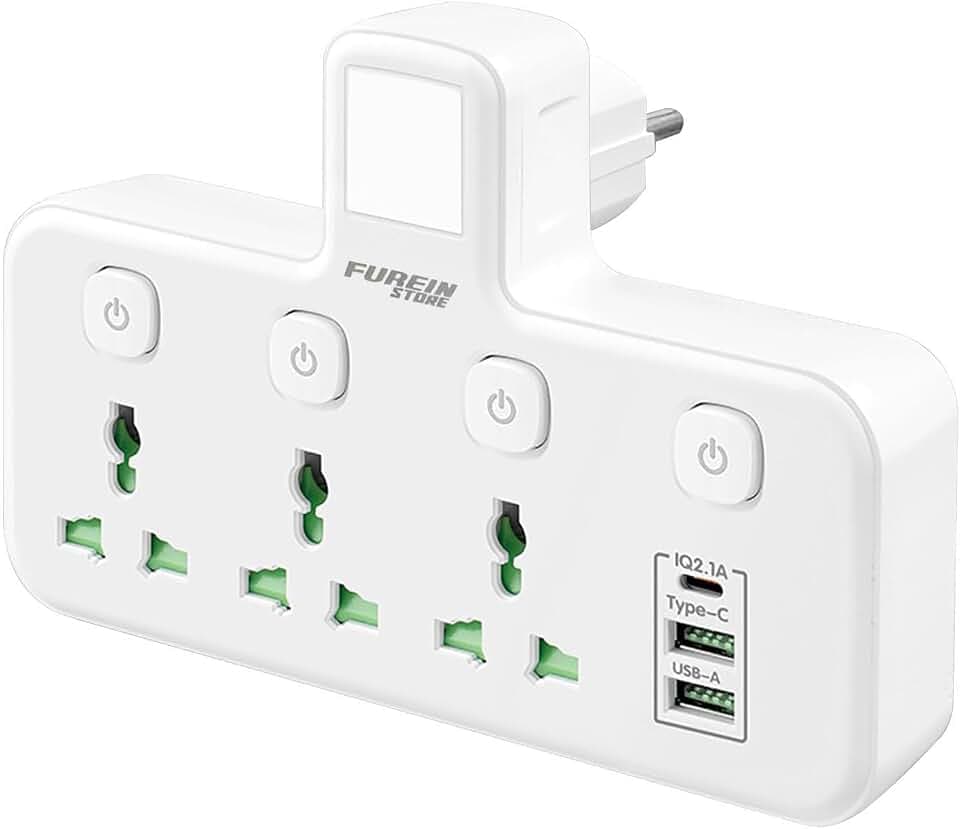 Universal-Steckdosenleiste mit unabhängigem Schalter, Mehrfachsteckdose mit 2 USB-Ports A und 1 Typ C, LED-Beleuchtung und Lichtschalter (U06L, Weiß)
