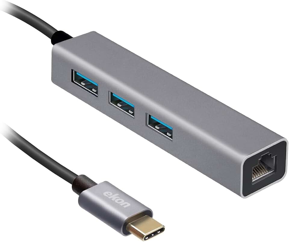 Ekon Ekon HUB Multiport, 3 USB-A 3.0 Ports, 1 LAN-Port, Metall, USB-C Kabel, für PC, Laptop, Maus, Ladekabel, Tastaturen, USB-Sticks, Netzwerkkabel