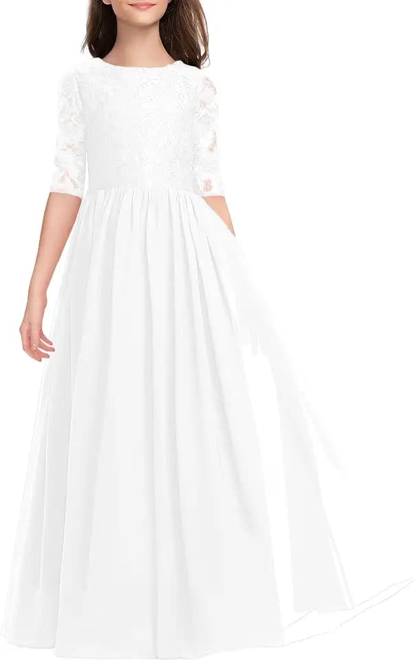 HOSIKA Flower Girls Dress Elegant Formal Lace Chiffon Floor Length Dress