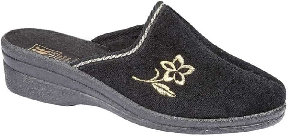 Damen Pantoletten mit Keilabsatz und Blumen, Velours, Größen 37-42