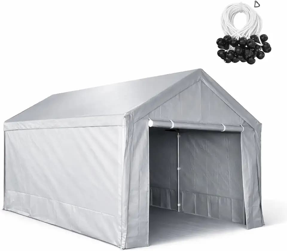10 x 20 ft Carport Canopy Replacement Cover+Sidewall, Heavy Duty Waterproof&UV Protected Garage Tent Shelter Tarp, Tear-Resistant Car Shed Tarpaulin Cover with Ball Bungees (Frame Not Included) Grey