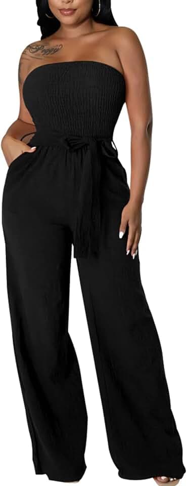 LightlyKiss Women's Casual Sleeveless Wide Leg Jumpsuit Fashion Pleated Long Pants Rompers