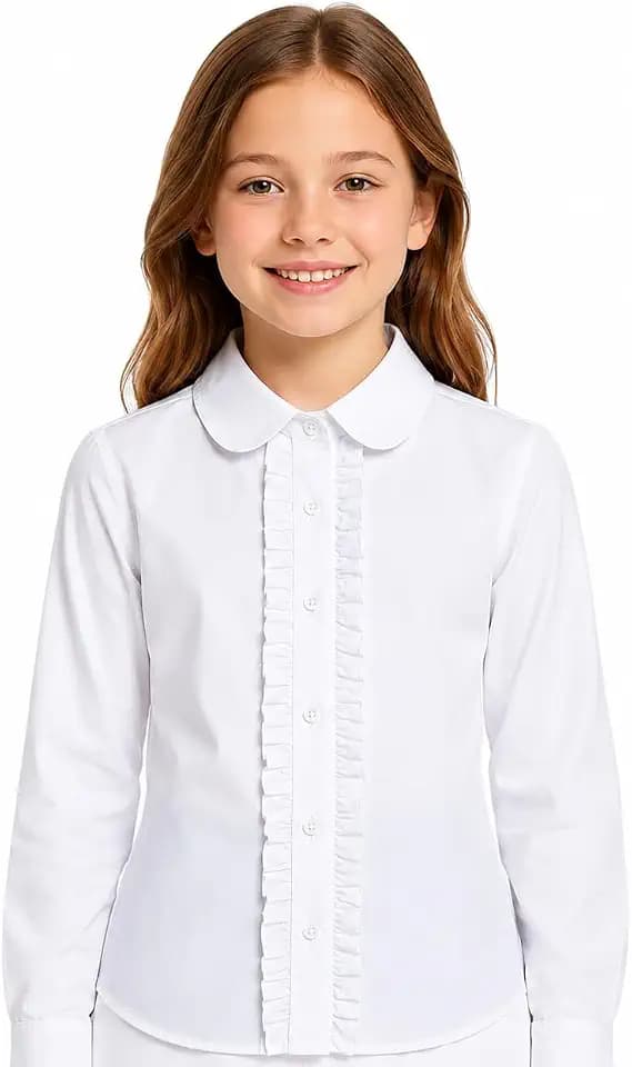 Bienzoe Girl White Ruffle Blouse: Wrinkle-Free School Uniform