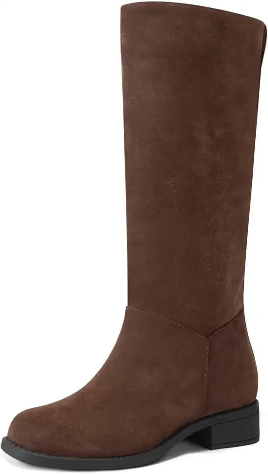 Coutgo Mid Calf Boots for Women Square Toe Chunky Low Heel Riding Boots