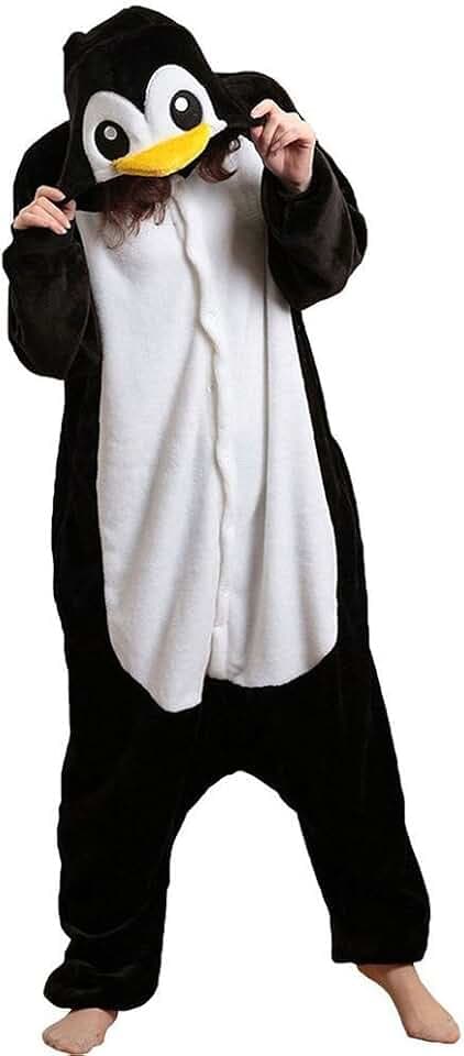Einhorn Kostüm Pyjama Panda Damen Winter Karnevalumzüge Schalfanzug Jumpsuit Cosplay Anzug Hund Overall für Fasching Karneval Theater Halloween Pyjama-Party (Pinguin, M(Höhe:155-164CM))