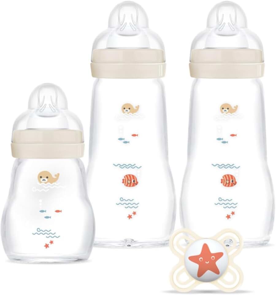 MAM Glasflaschen-Set (3 Glasflaschen + 1 Schnuller) - MAM Hitzebeständige Glasflasche - Glasflasche für Säuglinge ab Geburt und Silikon Schnuller