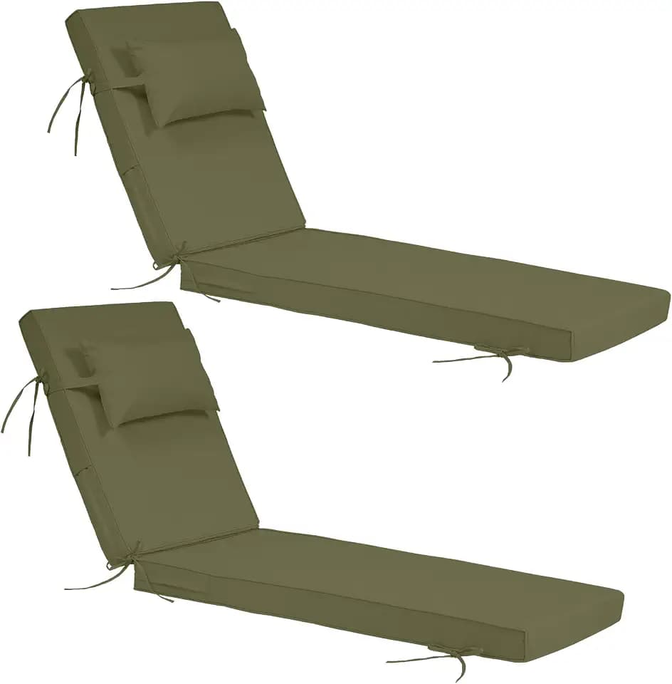 Outdoor Chaise Lounge Cushions Set of 2, Waterproof Fade Resistant Patio Lounger Cushion with Removable Cover, Replacement Sun Lounger Pad for Pool Deck Lawn (2PC-Army Green, 72*21*3 inch)