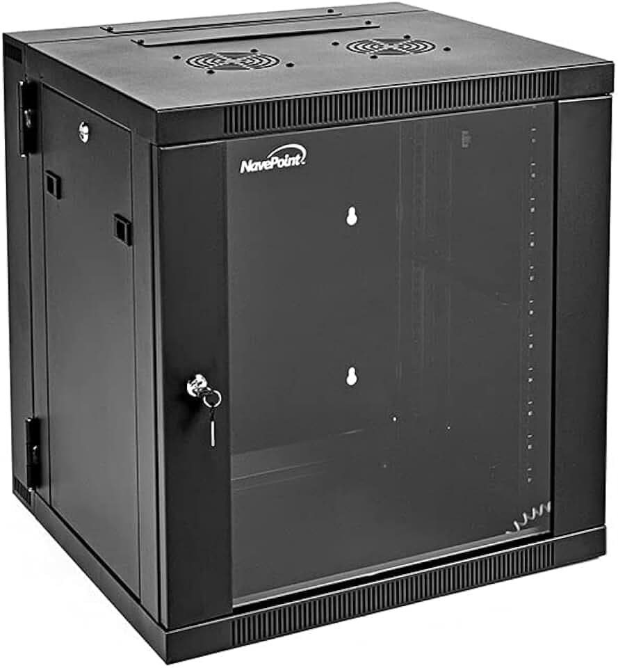 NavePoint 12U Cabinet with Hinged Back - 25.5” Deep, Server Rack Enclosure with Locking Glass Door, Wall Mount Rack with Removable Side Panels, Network Cabinet with 2 Fans, Assembled