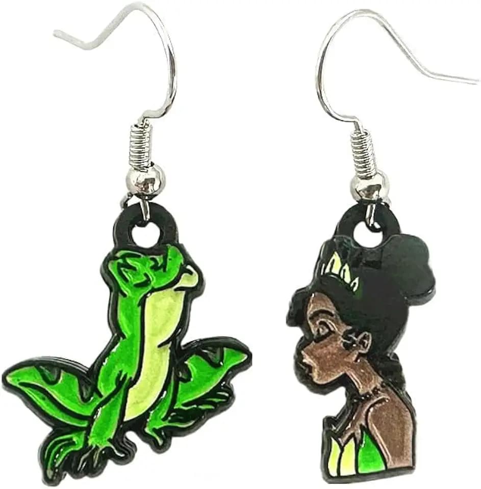 Cute Princess Character Dangle Earrings, Frog Green and Brown, Cartoon Design (Green)