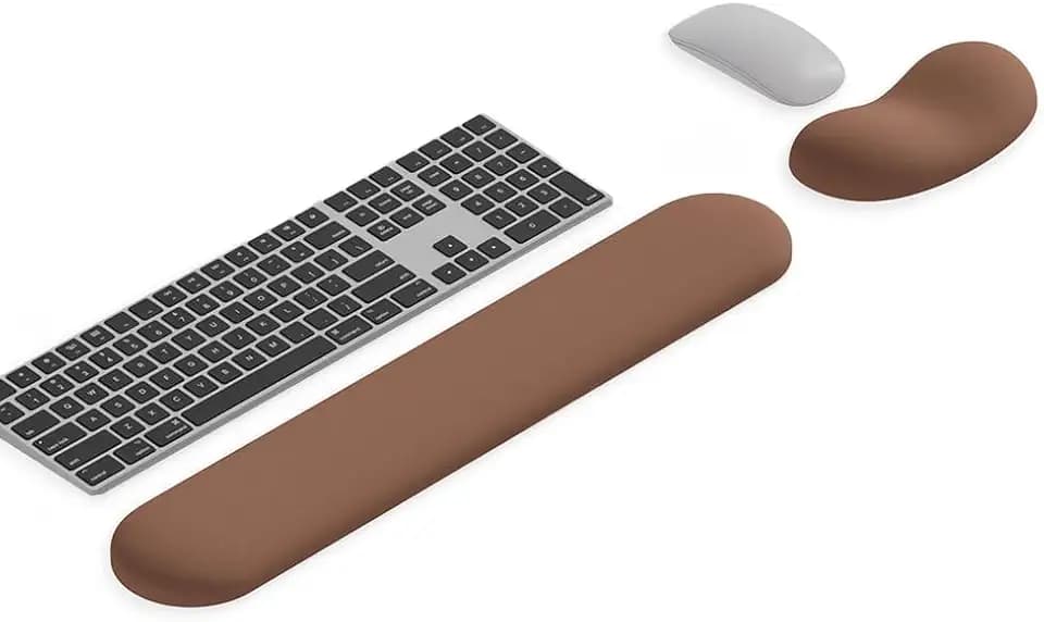 Ergonomic Wrist Rest Set for Keyboard and Mouse | Cooling Gel & Slow-Rebound Memory Foam Palm Support Pad | Luxe Leather, Minimalist, Non-Slip PU Base for Office, Laptop & Gaming (05Brwon)