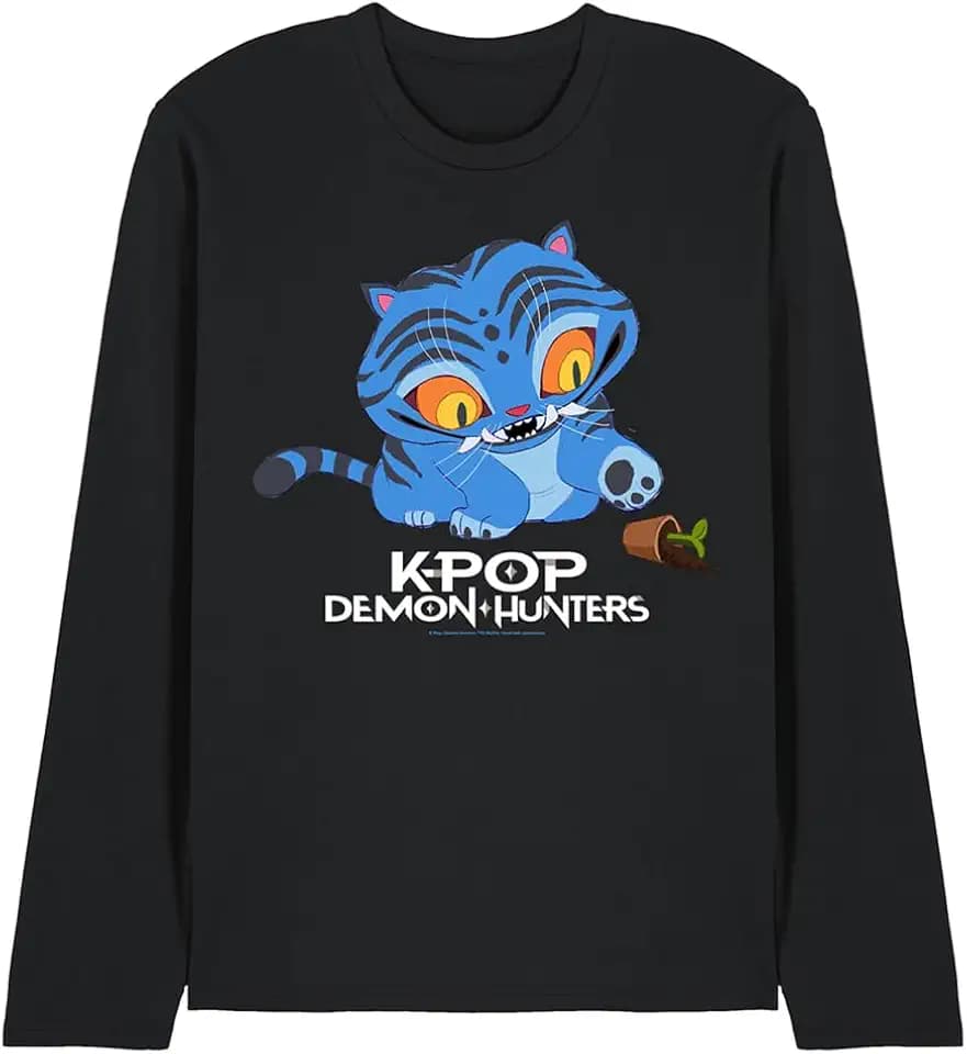 KPop Demon Hunters Unisex K-pop Demon Hunters-Cute Derpy Tiger Cartoon Long Sleeve, Navy T-Shirt