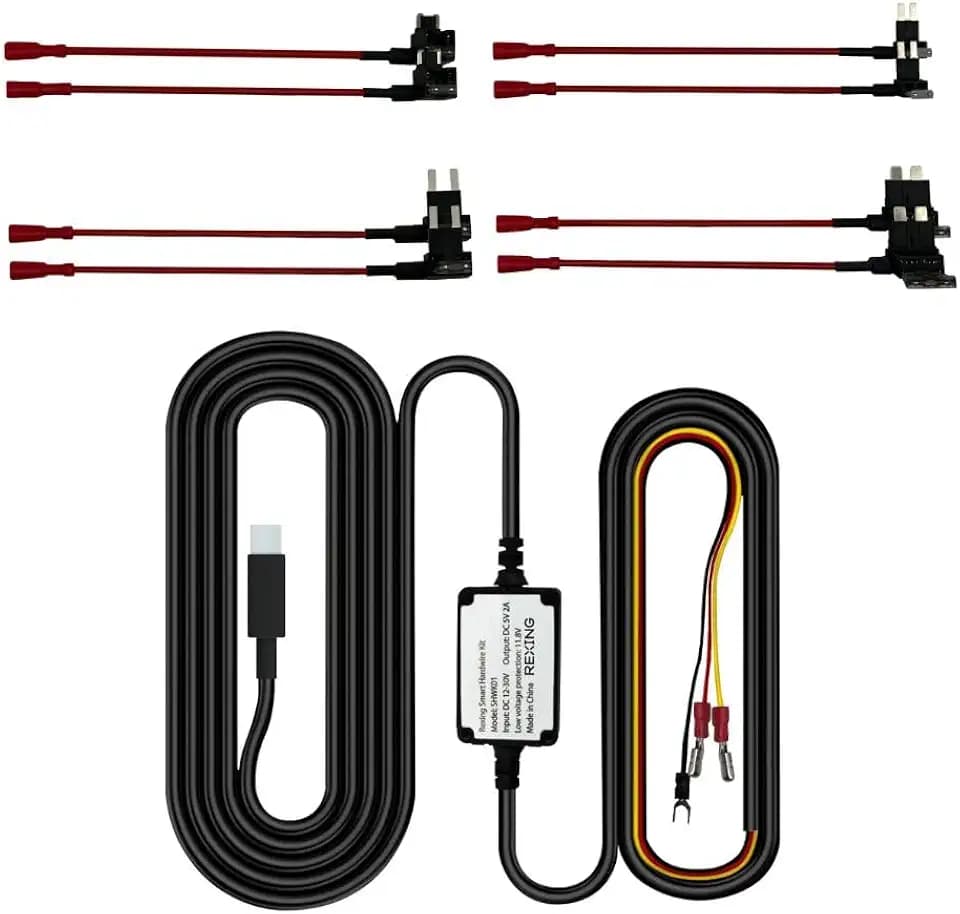 RexingUSA Type-C Dash Cam Hardwire Kit, 12V-30V to 5V/2A Charger, Includes 8 Fuse Tap Cables & Tool, 11.5ft