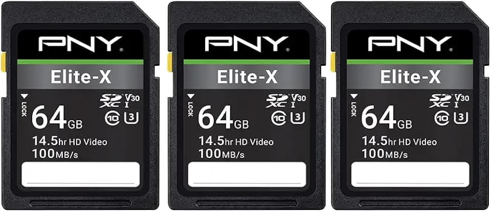 PNY 64GB Elite-X C10 U3 V30 SDXC Flash Memory Card 3-Pack, UHS-I, 4K UHD
