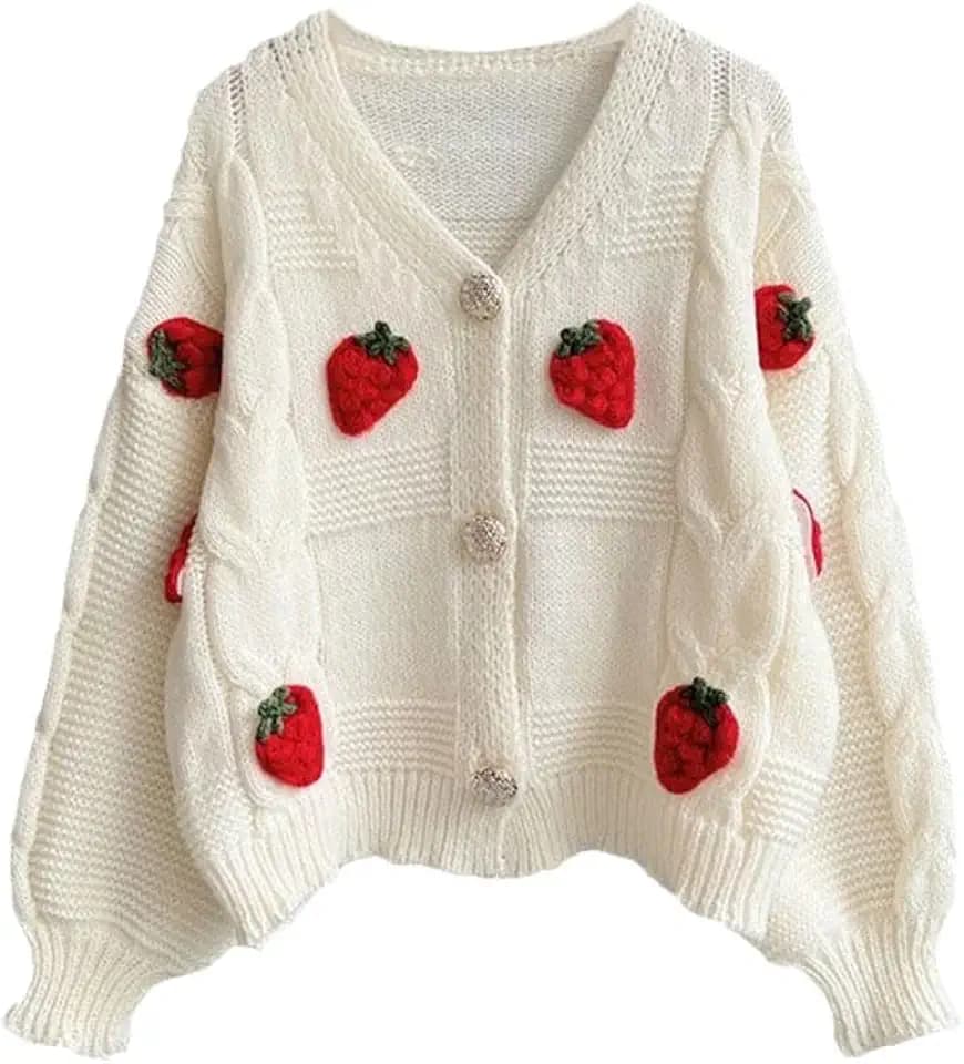 Womens Kawaii Strawberry Knit Cropped Sweater Cute Cardigan Aesthetic for Teen Girls Floral Y2k Korean School Uniform Jacket