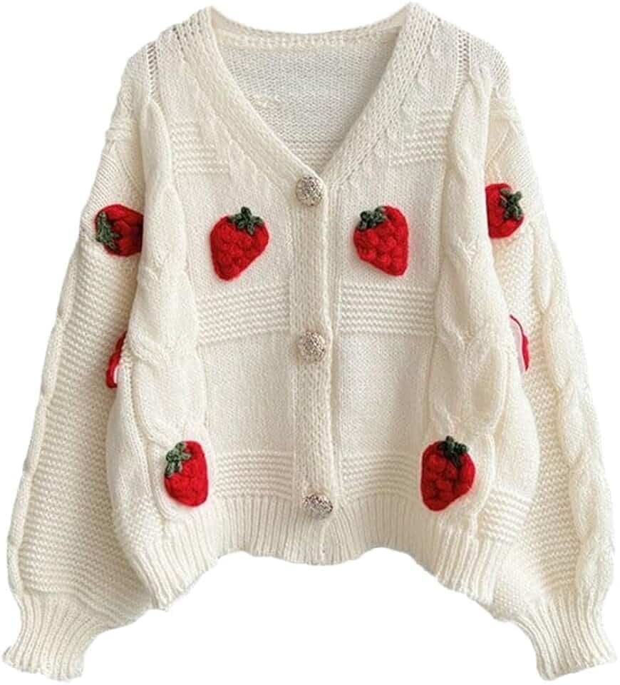 Womens Kawaii Strawberry Knit Cropped Sweater Cute Cardigan Aesthetic for Teen Girls Floral Y2k Korean School Uniform Jacket