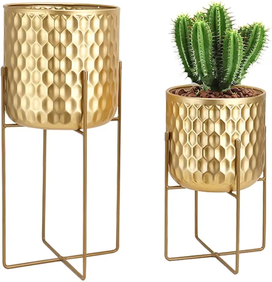 TRIROCKS Set of 2 Planters with Stand Indoor Otdoor Metal Plant Stand 8 * 18 &7 * 12 "Modern Planters Flower Pots for Living Room Corner Kitchen Office Garden Balcony Patio Decor(Gold)