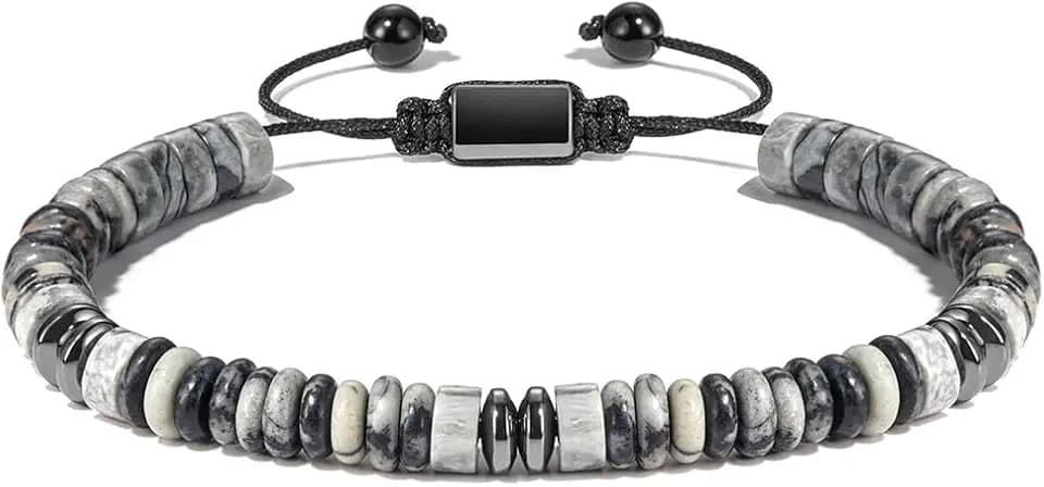 Men's Natural Stone Beaded Bracelet, Adjustable Cord, 8 Inch