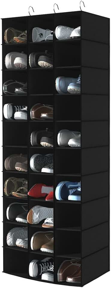 30 Section Hanging Shoe Organizer for Closet, Hanging Closet Organizer and Storage Space-Saving Foldable Clothes Shelf with Sturdy Hooks for Wardrobe, Dorm, Bedroom, Rv, Black
