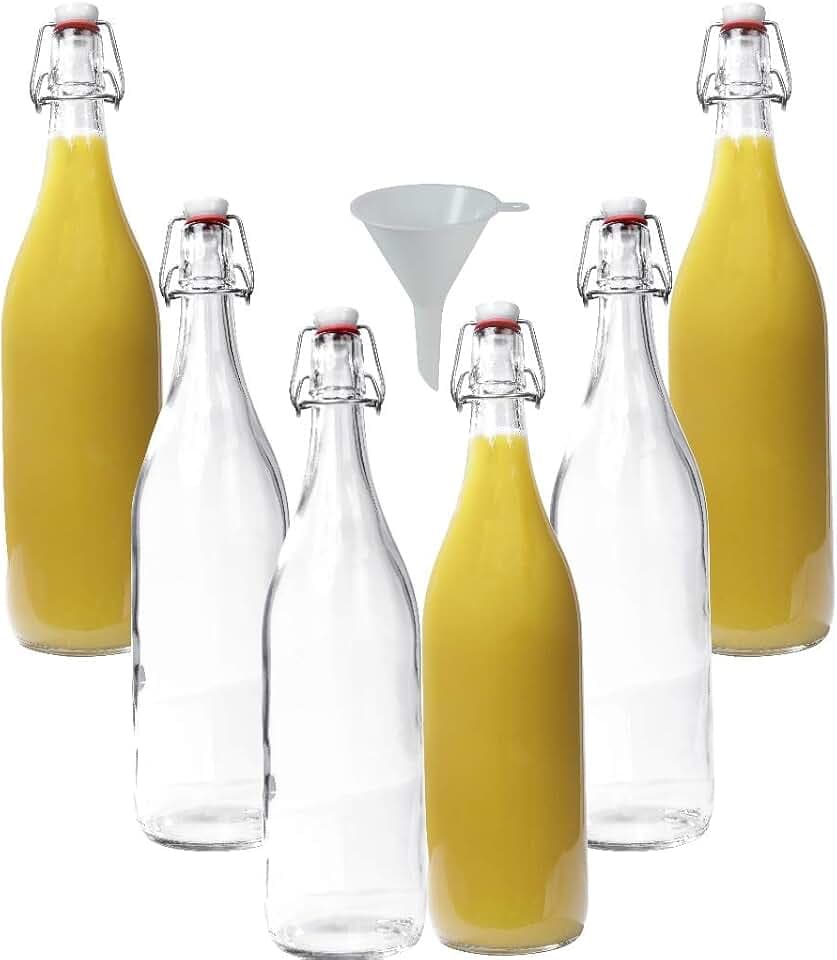 mikken 6X Glasflasche 1 Liter mit Bügelverschluss aus Porzellan inkl Trichter, Transparent